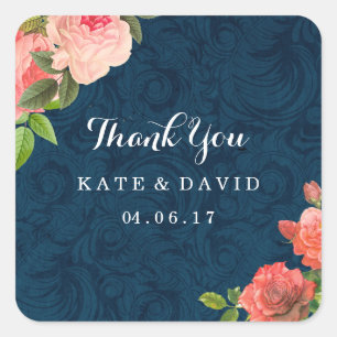 Elegant Navy and Coral Thank You Stickers