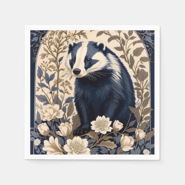 Elegant Navy and Cream Badger Floral Napkin (Front)