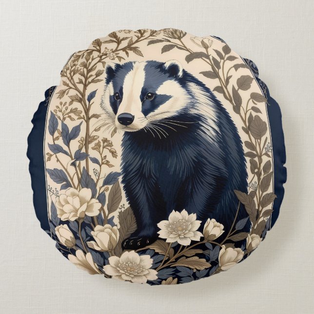 Elegant Navy and Cream Badger Floral Round Pillow (Front)
