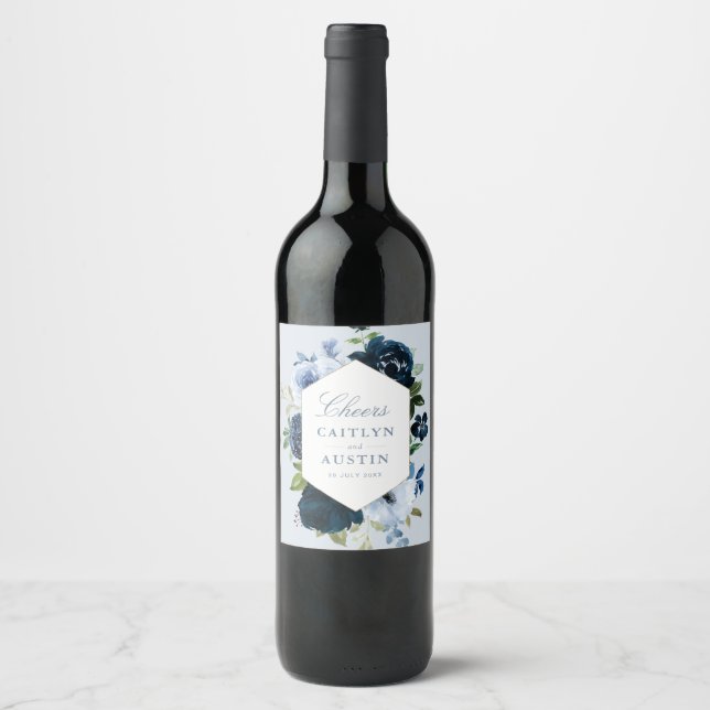 elegant navy and dusty blue floral wedding wine label (Front)