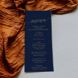 Elegant Navy and Flat Gold Calligraphy Dinner Menu<br><div class="desc">This elegant navy and flat gold calligraphy dinner menu card is perfect for a simple wedding. The neutral design features a minimalist card decorated with romantic and whimsical yellow gold colour typography on a dark blue background. This menu can be used for a wedding reception, rehearsal dinner, or any event....</div>