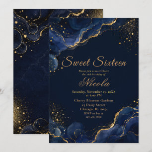 Elegant Navy and Gold Alcohol Ink Sweet Sixteen Invitation