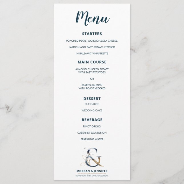 Elegant navy and gold Ampersand Menu (Front)