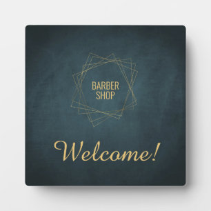 Elegant navy and gold barber shop welcome plaque