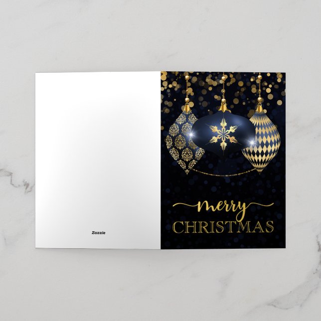 Elegant Navy and Gold Bauble Merry Christmas Foil Holiday Card (Outside Laydown)