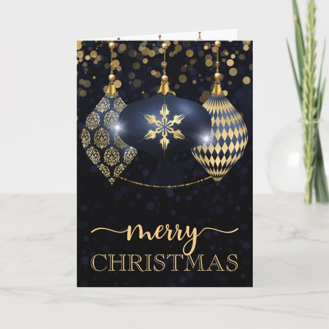 Elegant Navy and Gold Bauble Merry Christmas Holiday Card (Front)