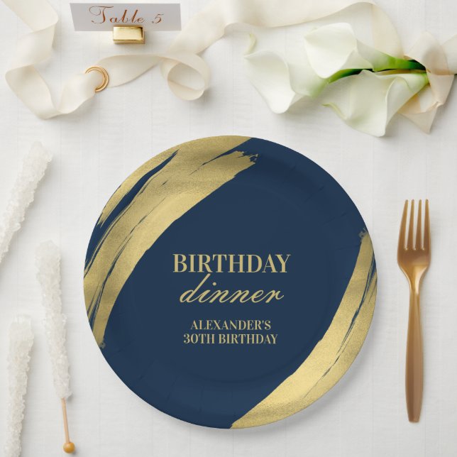 Elegant Navy and Gold Birthday Dinner Paper Plate (Wedding)