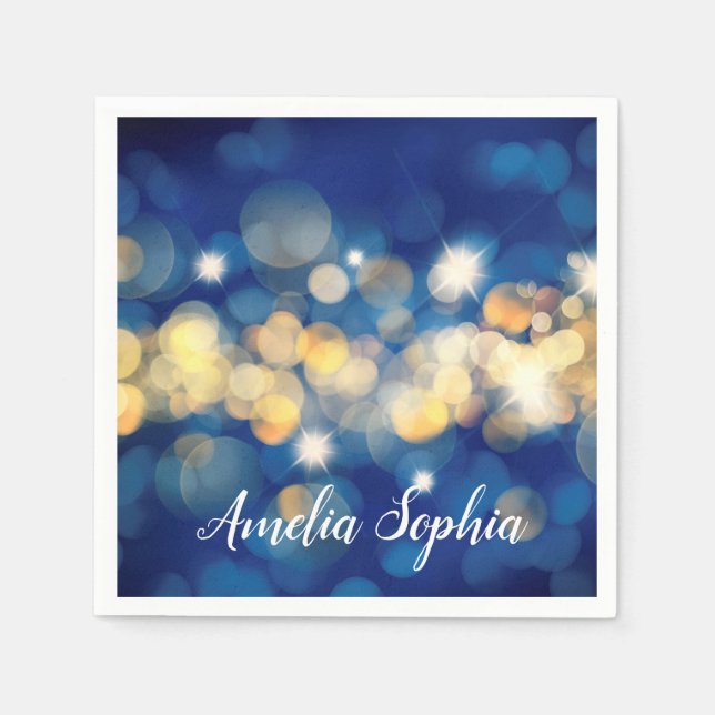 Elegant Navy and Gold Bokeh Quinceañera Napkin (Front)