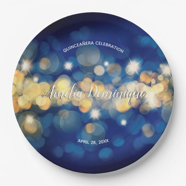 Elegant Navy and Gold Bokeh Quinceañera Paper Plate (Front)