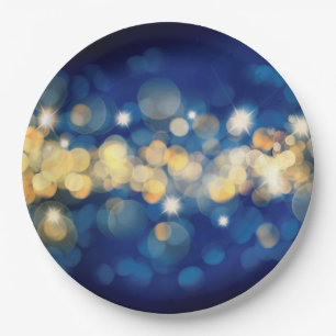 Elegant Navy and Gold Bokeh Quinceañera Paper Plate