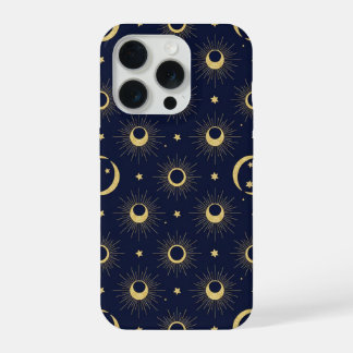 Elegant Navy and Gold Celestial Moon & Sun Pattern iPhone 15 Pro Case