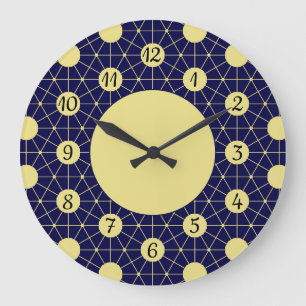 Elegant Navy and Gold Geometric Tile Pattern Large Clock