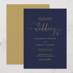 Elegant  Navy And Gold Hearts Calligraphy Wedding Invitation