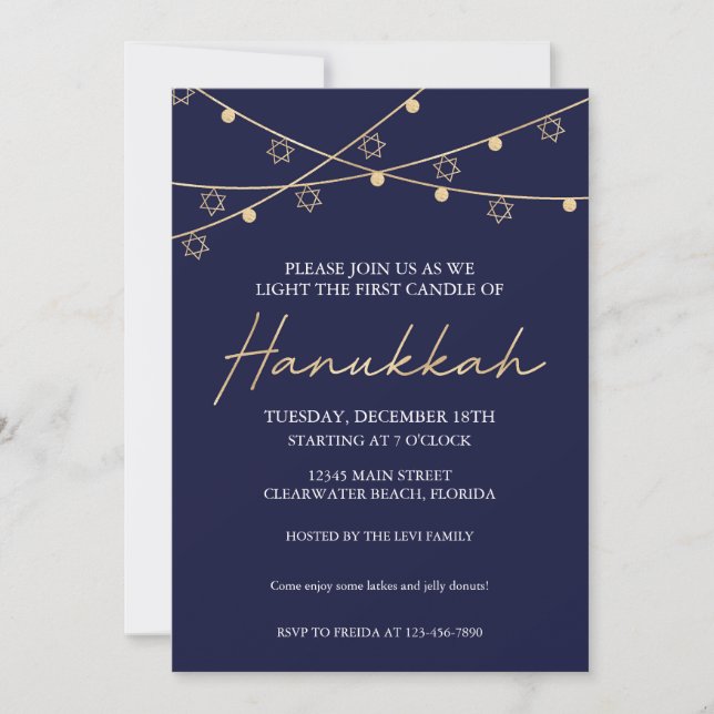 Elegant Navy and Gold Light Strings Hanukkah Party Invitation (Front)