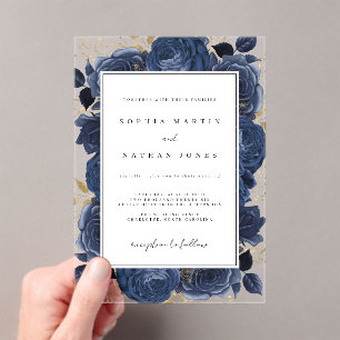 Elegant Navy And Gold Rose Clear Wedding Acrylic Invitations