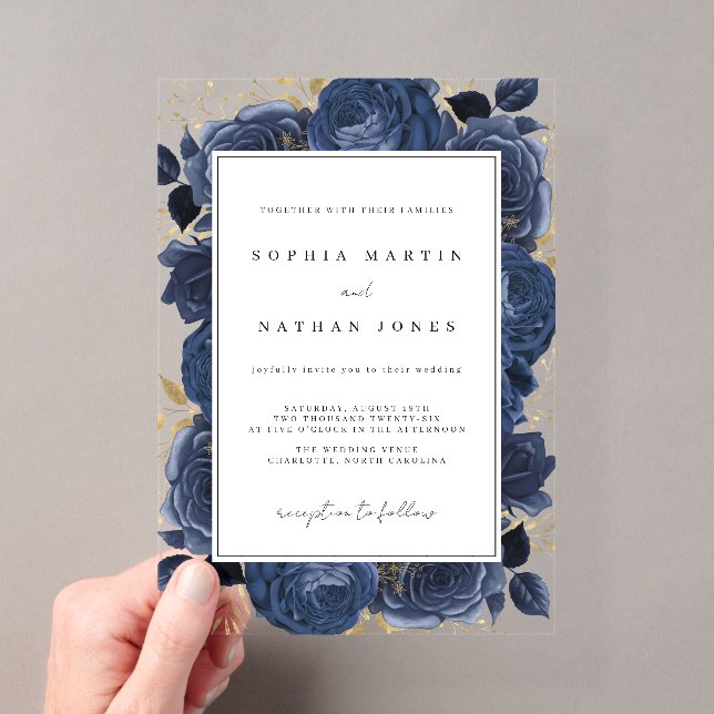 Elegant Navy And Gold Rose Clear Wedding Acrylic Invitations (Insitu (Handheld))