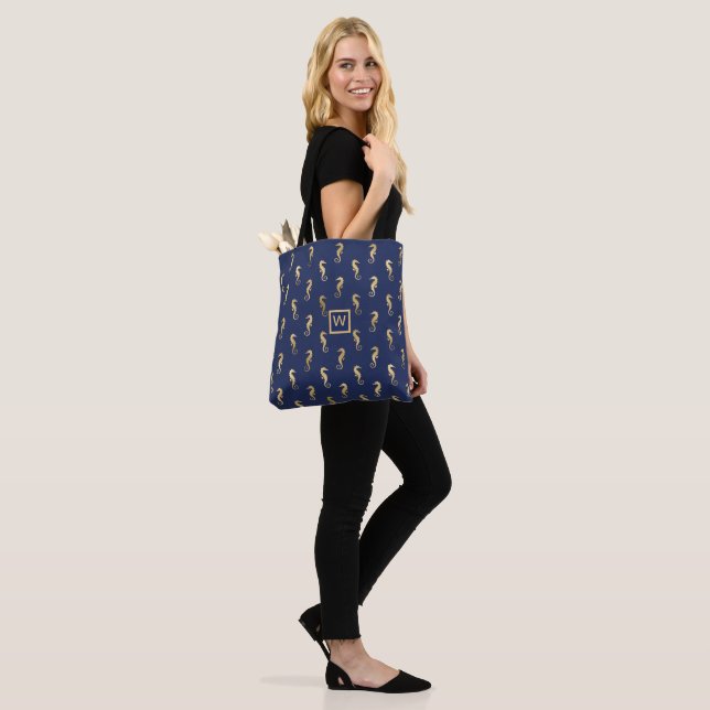 Elegant Navy and Gold Seahorses with Initial Tote Bag (On Model)