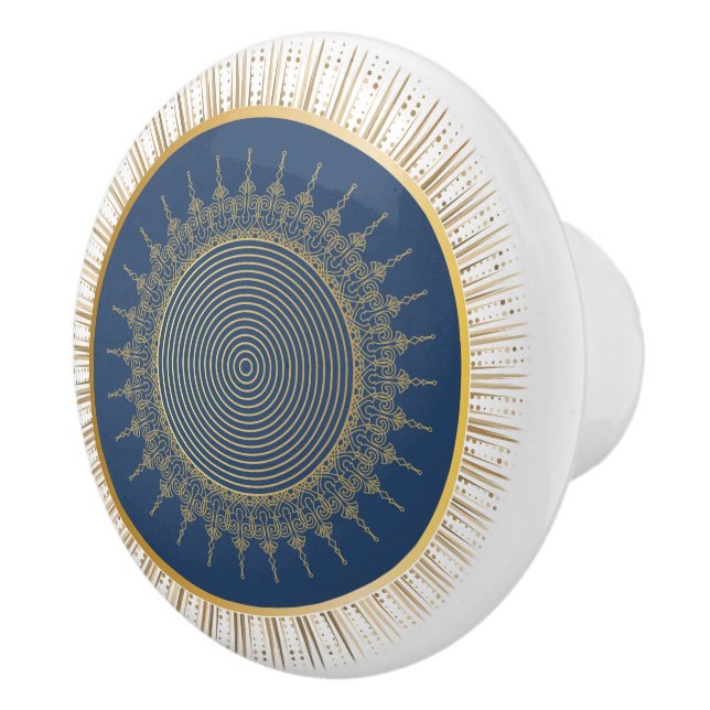Elegant Navy and Gold Sunburst Ceramic Knob (Right)