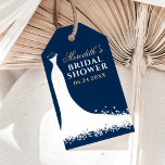 Elegant Navy and Gold Wedding Gown Bridal Shower Gift Tags<br><div class="desc">Cardstock bridal shower favour tags feature a wedding gown,  white,  navy blue,  and champagne gold colour scheme,  and custom text that can be personalized with the bride's name and event date. A chic butterfly pattern dresses up the back side of the card.</div>