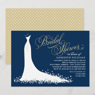 Elegant Navy and Gold Wedding Gown Bridal Shower Invitation