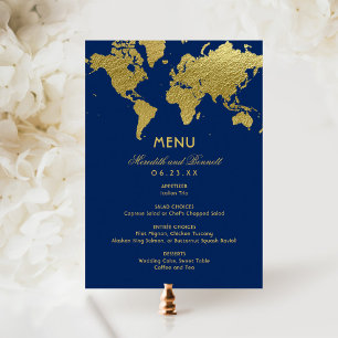 Elegant Navy and Gold World Map Custom Wedding Menu