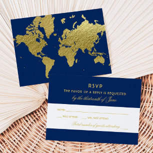 Elegant Navy and Gold World Map Wedding RSVP Card
