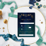 Elegant  Navy and Green Celestial RSVP with Meals<br><div class="desc">Beautiful and elegant RSVP card with meal choices. Similar design without meal options also available. Design with gorgeous navy, blue and green background with dainty stars and delicate border with faux gold gilded botanical garland. Ability to add meal choices or ask for any special dietary needs. Back with same background...</div>