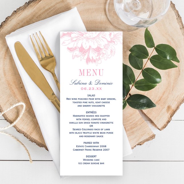 Elegant Navy and Pink Floral Peony Wedding Menu (Creator Uploaded)