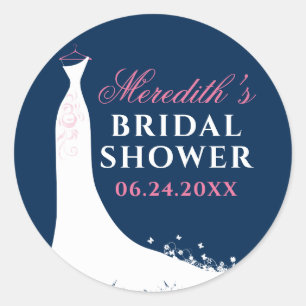 Elegant Navy and Pink Wedding Gown Bridal Shower Classic Round Sticker