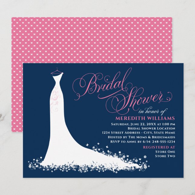Elegant Navy and Pink Wedding Gown Bridal Shower Invitation (Front/Back)
