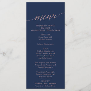 Elegant Navy and Rose Calligraphy Dinner Menu Card