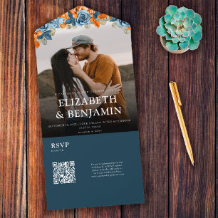 Elegant Navy And Rust QR Code RSVP Wedding All In One Invitation