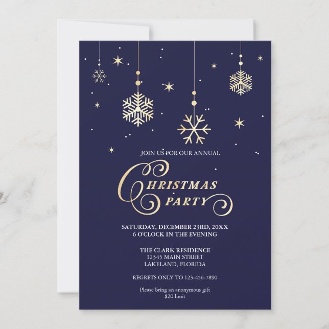 Elegant Navy and Sparkly Gold Christmas Party Invitation (Front)