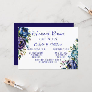 Elegant Navy and Turquiose Rose Rehearsal Dinner Invitation