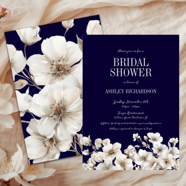 Elegant Navy and White Floral Bridal Shower Invitation (Navy Floral Bridal Shower Invitation, Love in Bloom Winter Wedding Shower, Fall Autumn, Elegant)