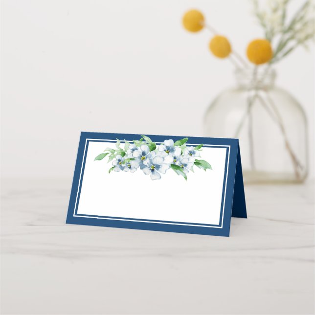 Elegant Navy and White Floral Reception Place Card (Front)