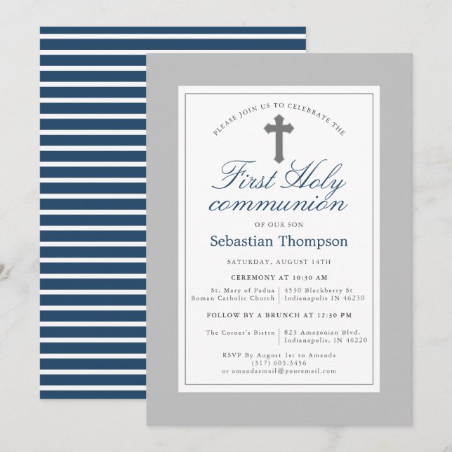 Elegant Navy and White Stripes First Communion Invitation (Front/Back)