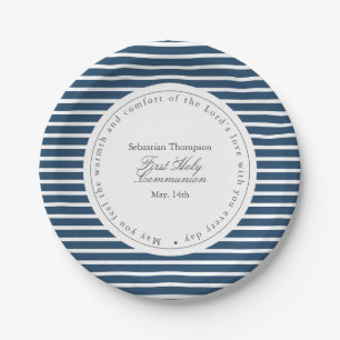 Elegant Navy and White Stripes First Communion Paper Plate
