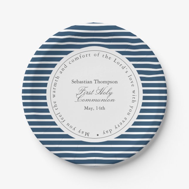 Elegant Navy and White Stripes First Communion Paper Plate (Front)