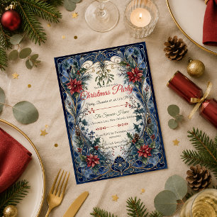 Elegant Navy Art Nouveau Christmas Party Invitation