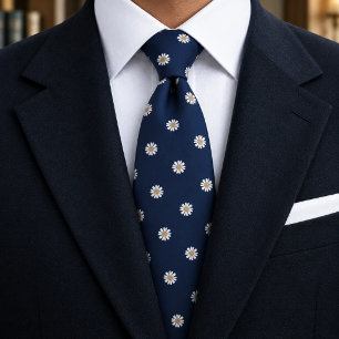 Elegant Navy Big Daisy Floral Pattern Tie