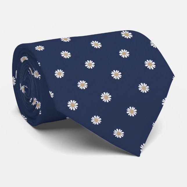 Elegant Navy Big Daisy Floral Pattern Tie (Rolled)