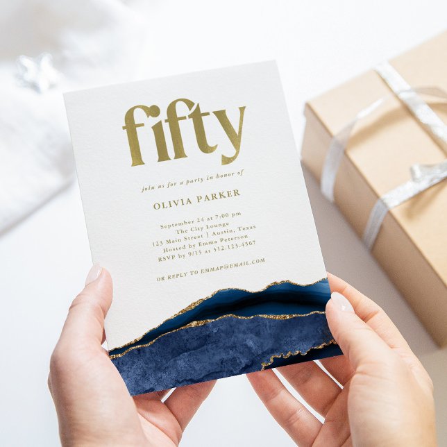 Elegant Navy Blue Agate and Gold | 50th Birthday Invitation (Creator Uploaded)