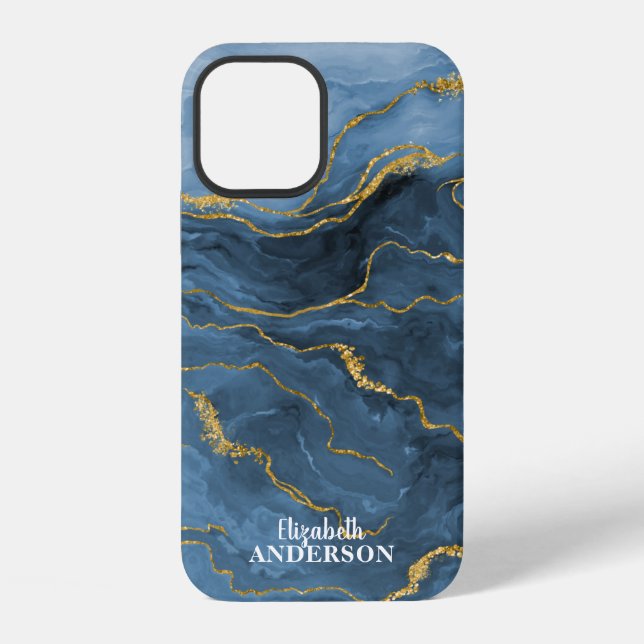 Elegant Navy Blue Agate Geode Marble Monogram iPhone Case (Back)