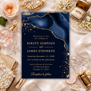 Elegant Navy Blue Agate & Gold Wedding Invitation