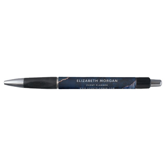 Elegant Navy Blue Agate Marble Rose Gold Glitter Pen (Front)