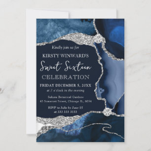 Elegant Navy Blue Agate & Silver Glitter Sweet 16 Invitation