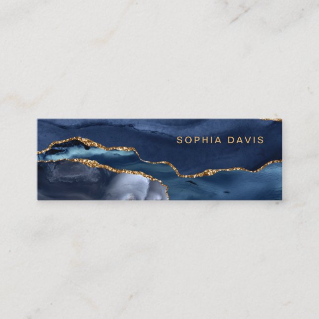 Elegant Navy Blue Agate with Faux Gold Mini Business Card (Front)