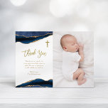 Elegant Navy Blue Agate with Photo | Baptism Thank You Card<br><div class="desc">These elegant,  beautiful Baptism thank you cards for a boy feature a dark,  navy blue agate geode look,  with faux gold accents and cross,  and matching script. Also perfect for First Holy Communion and Confirmation.</div>