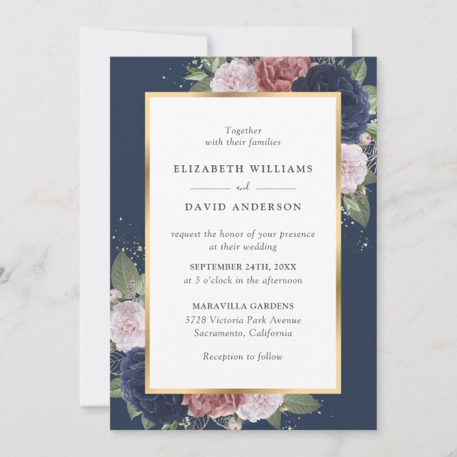 Elegant Navy Blue and Blush Floral Wedding Invitation (Front)